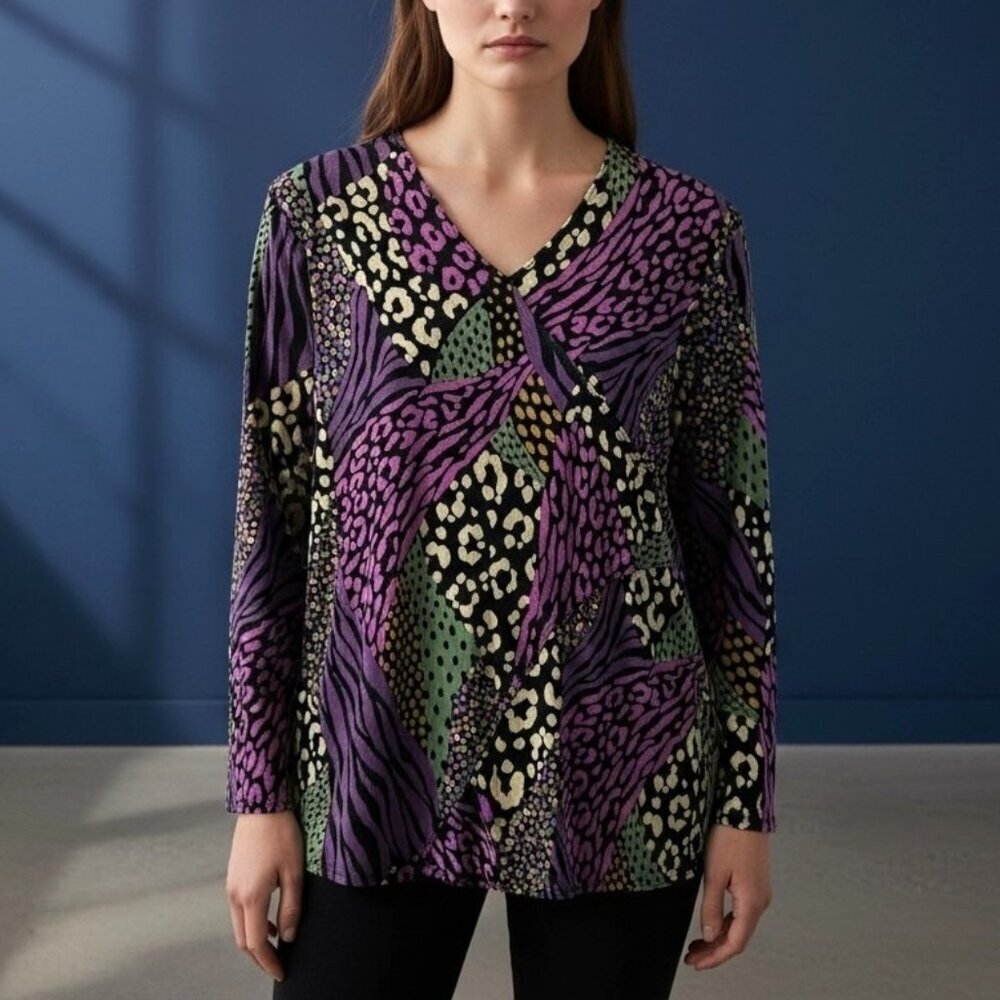 Vintage Picadilly Fashions Slinky Knit Animal Print Top Purple Patchwork Size L